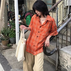 原宿简约日系日系复古格子衬衫女夏季多巴胺潮无品牌潮流ins新款，男装衬衫，星座506A