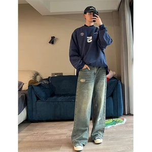 美式复古运动球服卫衣男女春秋季潮牌宽松休闲情侣款小V领体恤衫图片