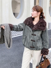 （新款现货）2025冬时尚羊羔毛大翻领牛仔夹棉外套（毛领可脱卸），女装牛仔外套，印象茜