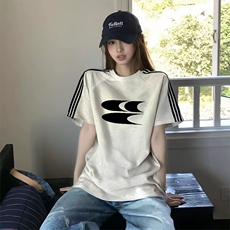 抖音得物品质二开240克宽松纯棉美式潮牌印花三条杠中性风短袖T恤，男装T恤，电商A486-1