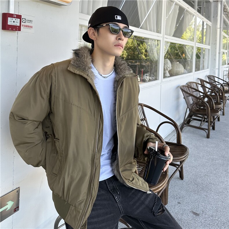 韩式拼接毛领加绒廓形时尚夹克棉服质感老钱风棉衣外套,男装夹克,电商C307