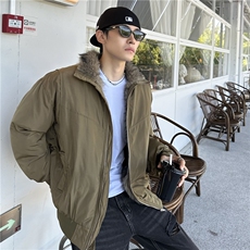 韩式拼接毛领加绒廓形时尚夹克棉服质感老钱风棉衣外套，男装夹克，电商C307