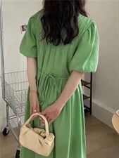 【DAVIDA】韩系圆领泡泡袖收腰连衣裙，女装连衣裙，DAVIDA