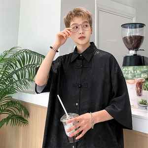 新中式冰丝提花衬衫短袖休闲港风上衣T恤XZ-907-TP35-控48，男装T恤，星座907