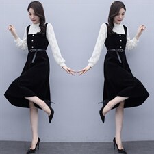 2021春季新款简约潮流时尚个性蕾丝拼接假两件套修身收腰连衣裙，女装连衣裙，瑶迪依秀