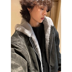 网图荔枝皮美式连帽座山雕外套男女款冬季毛领夹克-A2363P98，男装夹克，电商B241