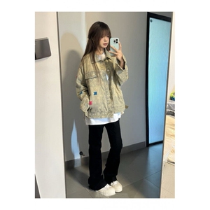 W9262-P78 网图现货 春季新款牛仔外套宽松翻领潮流美式复古夹克图片