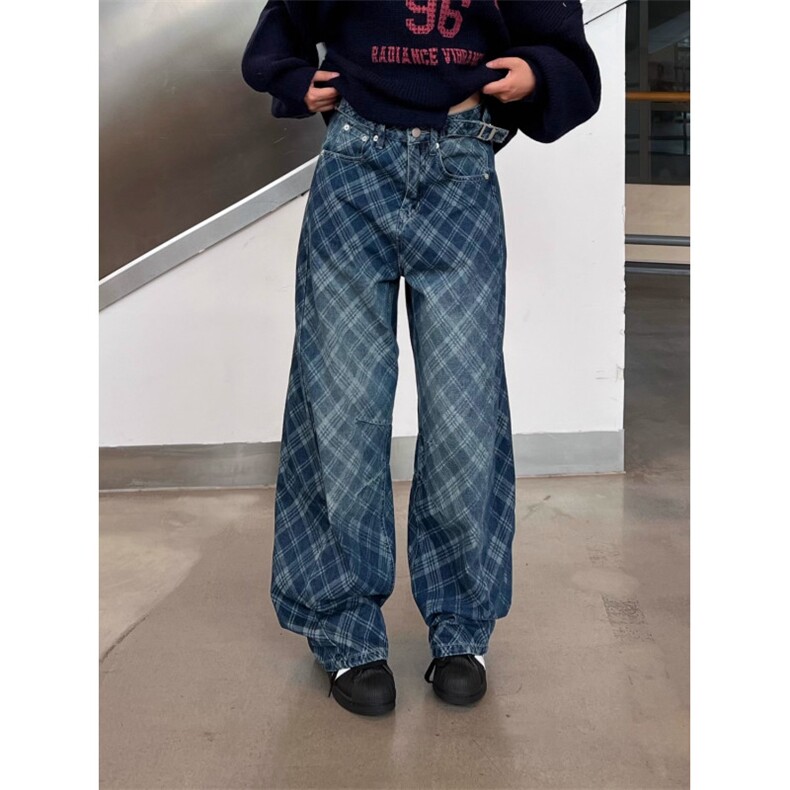 美式水洗做旧格纹小众设计感牛仔裤男女秋冬宽松百搭休闲长裤图片