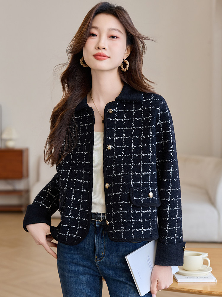 小香风格子短款外套女装2025春秋新款小个子休闲气质翻领开衫上衣,针织衫/毛衣,韩然一族