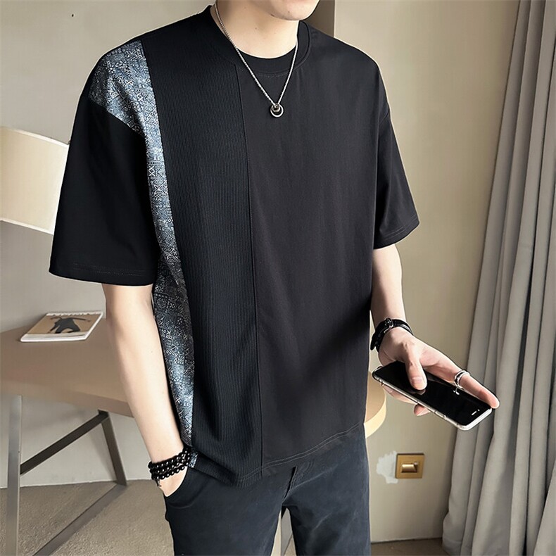 夏季短袖T恤男2025新款潮牌拼接圆领落肩袖体恤A313-8107-P55,男装T恤,电商A313