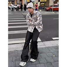 美式复古潮牌破坏感格子衬衫男女春秋宽松休闲显瘦慵懒风衬衣外套，男装衬衫，星座218-8