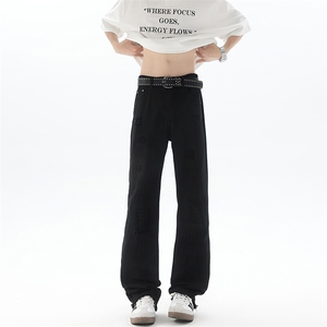 美式高街破洞牛仔裤男设计感微喇直筒裤潮牌薄款痞帅裤子KZ054P60图片