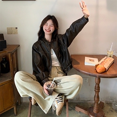 复古港风炸街皮衣夹克外套女2025春秋季新款宽松显瘦时尚短款上衣，女装皮衣，C位