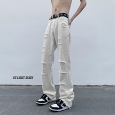 B221美式ins高街小众假破洞修身微喇牛仔裤LK22065-P65控88，男装牛仔裤，电商B221