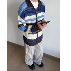 复古条纹针织开衫外套秋季设计感小众防晒罩衫氛围感镂空慵懒毛衣，男装针织衫/毛衣，星座506A