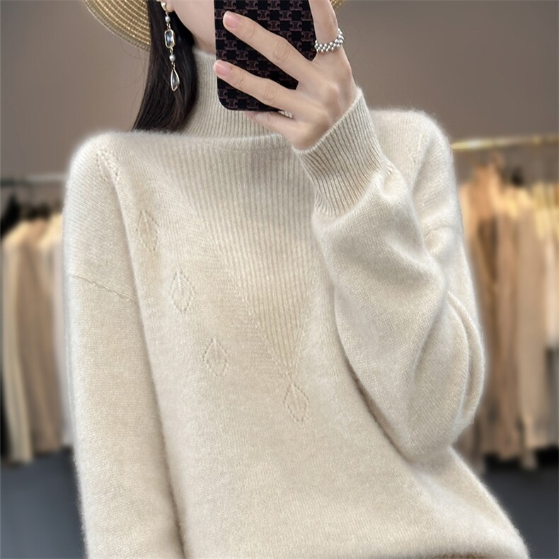 圆领羊毛衫女秋冬款宽松慵懒插肩长袖毛衣提花羊绒衫打底衫,女装羊毛衫,琳华羊绒