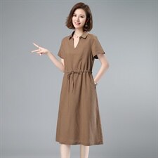 2021夏季新款简约时尚气质个性领口系带收腰棉麻连衣裙，女装连衣裙，独衣靓