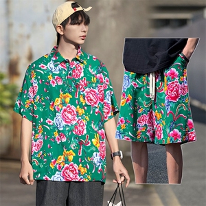 TZP风东北大花汉服套装polo衫短裤大码花TEE套装团队服休闲装