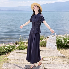 碎花小立领收腰小衫配阔腿裤时尚清新田园风两件套，女装套装/套裙，水衣源