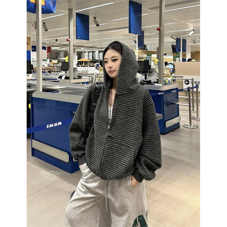 条纹卫衣开衫男女韩版潮流连帽帅气宽松2025秋冬ins外套WB528-P63，女装短外套，星座412-3