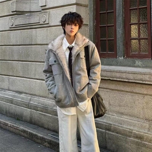 美式毛领座山雕棉服男款冬季加绒加厚针织衫毛衣外套短款保暖棉衣图片