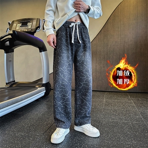 2025秋冬加绒牛仔裤 男士个性印花直筒牛仔弯刀裤潮901N49加绒P68图片