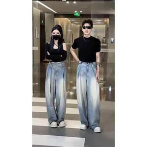 W9902-P53 网图现货 美式渐变水洗腰带牛仔裤潮牌宽松弯刀休闲裤图片