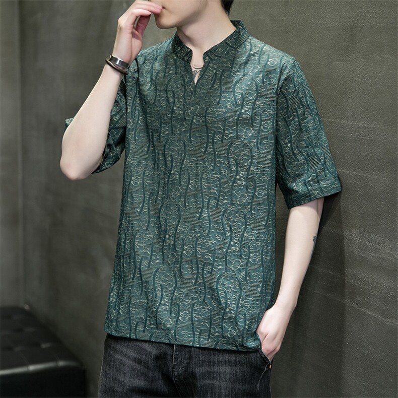 新中式立领唐装短袖风T恤汉服高品质缎彩潮提花T321-P55图片