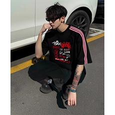 抖音得物品质二开240克宽松纯棉美式潮牌印花三条杠中性风短袖T恤，男装T恤，电商A486