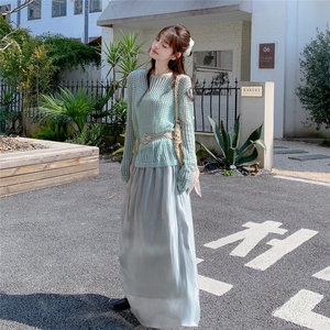 慵懒风绿色镂空防晒针织罩衫套装女2025夏季新款上衣半身裙两件套图片