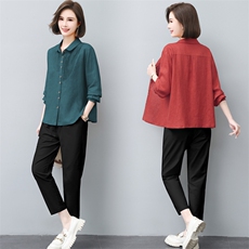 棉麻休闲套装女2023年夏季大码宽松中年妈妈洋气衬衫亚麻裤两件套，女装套装/套裙，璐依舞