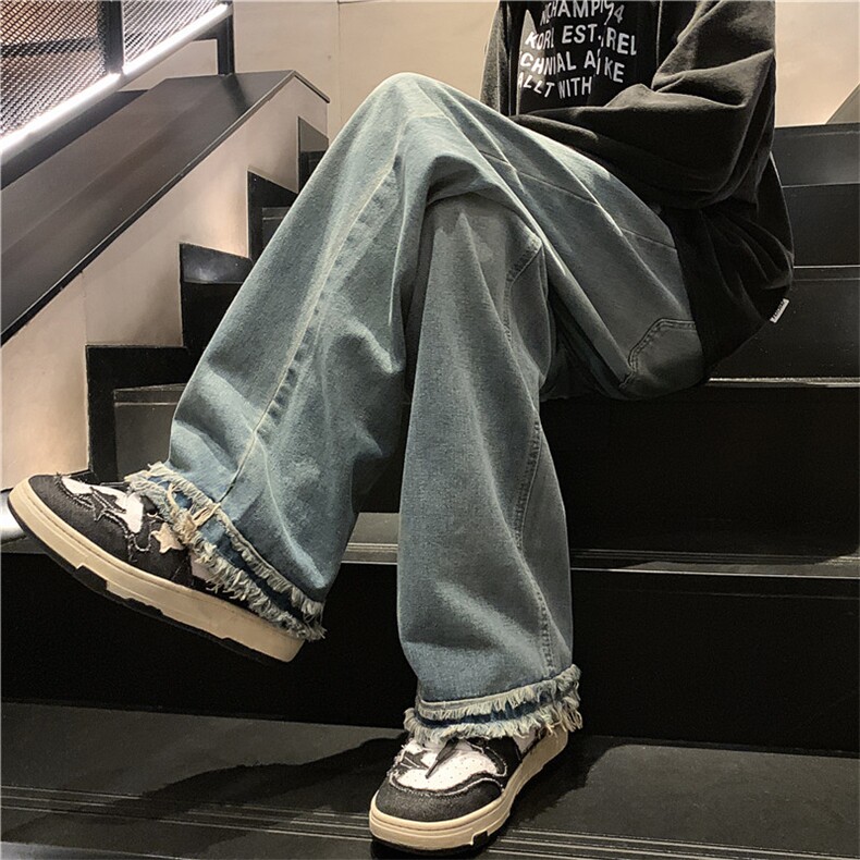 毛边复古牛仔裤男春秋潮直筒宽松阔腿美式高街百搭长裤N0022-P45,男装牛仔裤,星座308B-1
