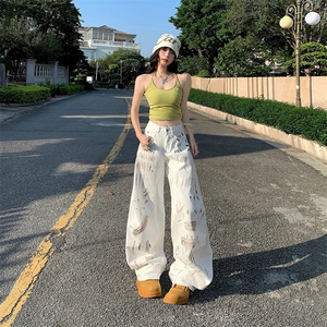 夏季涂鸦白色牛仔裤女士高个子加长版宽松阔腿弯刀裤子设计感小众图片