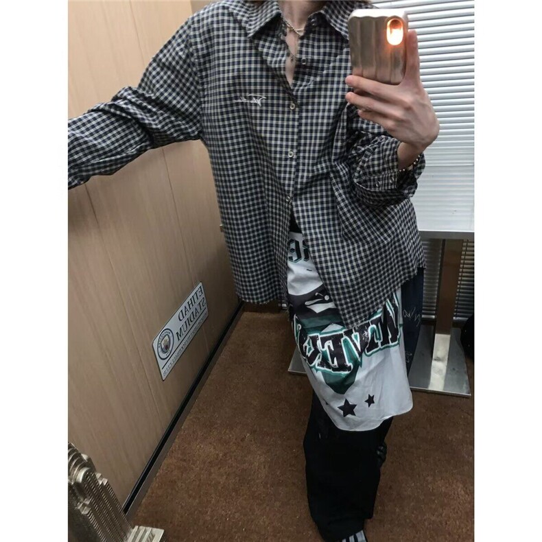 Q178/P41黑白格子衫男长袖日系薄款打底衬衣潮休闲百搭情侣外套,男装衬衫,星座1506