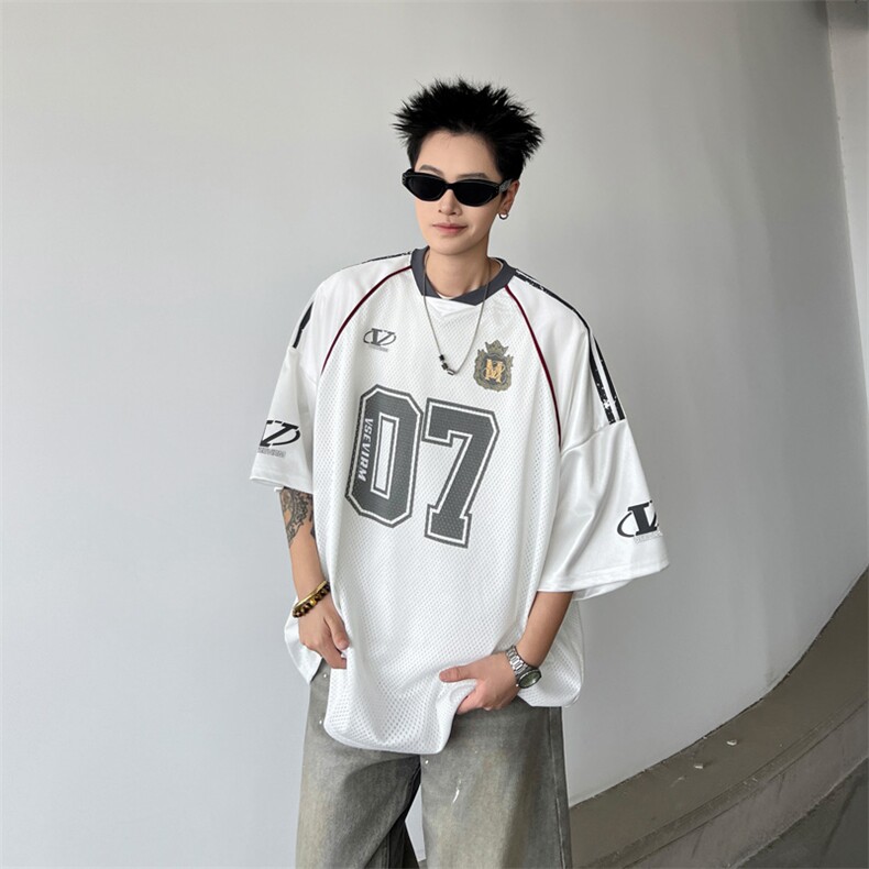 美式夏季薄款网面字母印花球衣T恤男女小众休闲运动长袖打底上衣图片