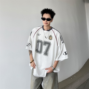美式夏季薄款网面字母印花球衣T恤男女小众休闲运动长袖打底上衣图片