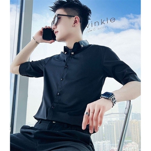 夏季冰丝白色衬衫男痞帅发型师衬衣韩版休闲五分袖小寸衫 CA669图片