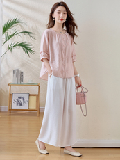 新中式国风套装女2025夏季新款高级感气质显瘦上衣阔腿裤两件套，女装套装/套裙，魅影