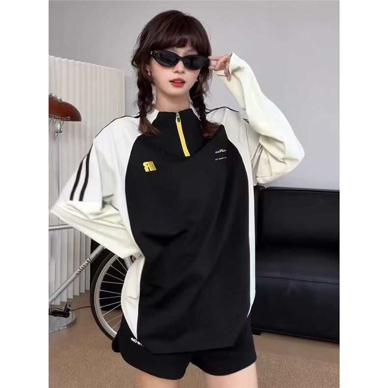 美式拼接半拉链长袖t恤女夏薄款防晒运动速干衣户外骑行羽毛球服，男装防晒衣，星座813-2