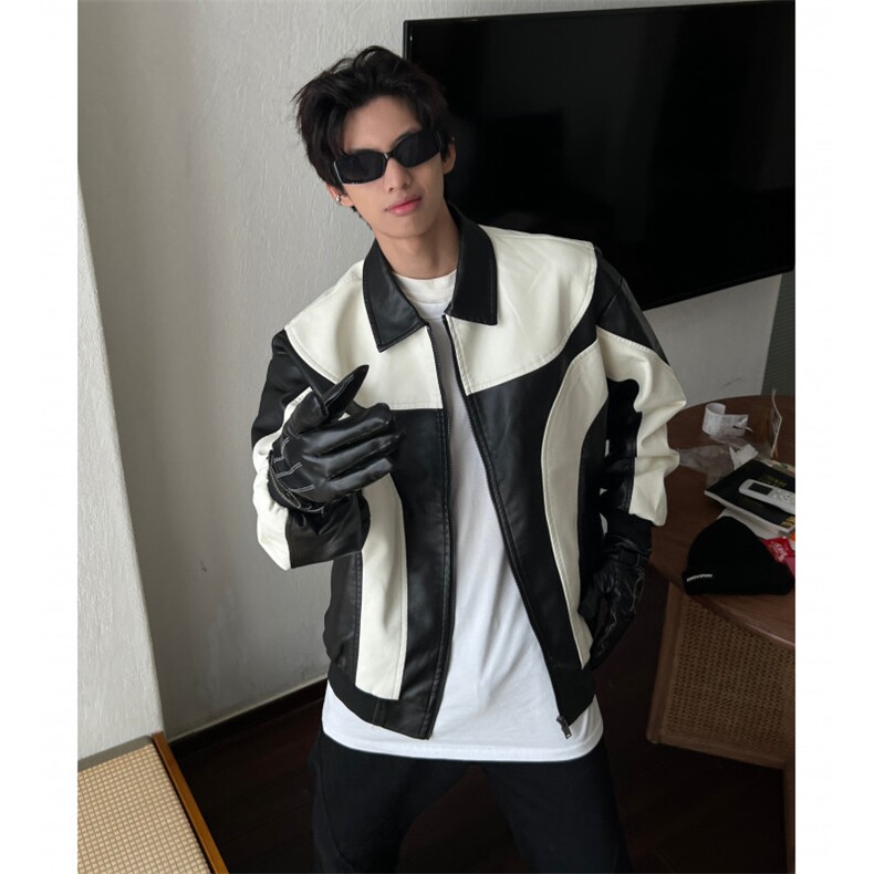 复古拼色皮衣外套男秋潮牌街头vintage机车服夹克衫百搭男MF52P75,男装夹克,电商D256A(原A064A)