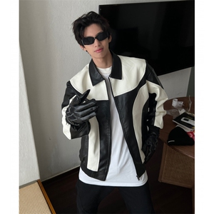 复古拼色皮衣外套男秋潮牌街头vintage机车服夹克衫百搭男MF52P75图片