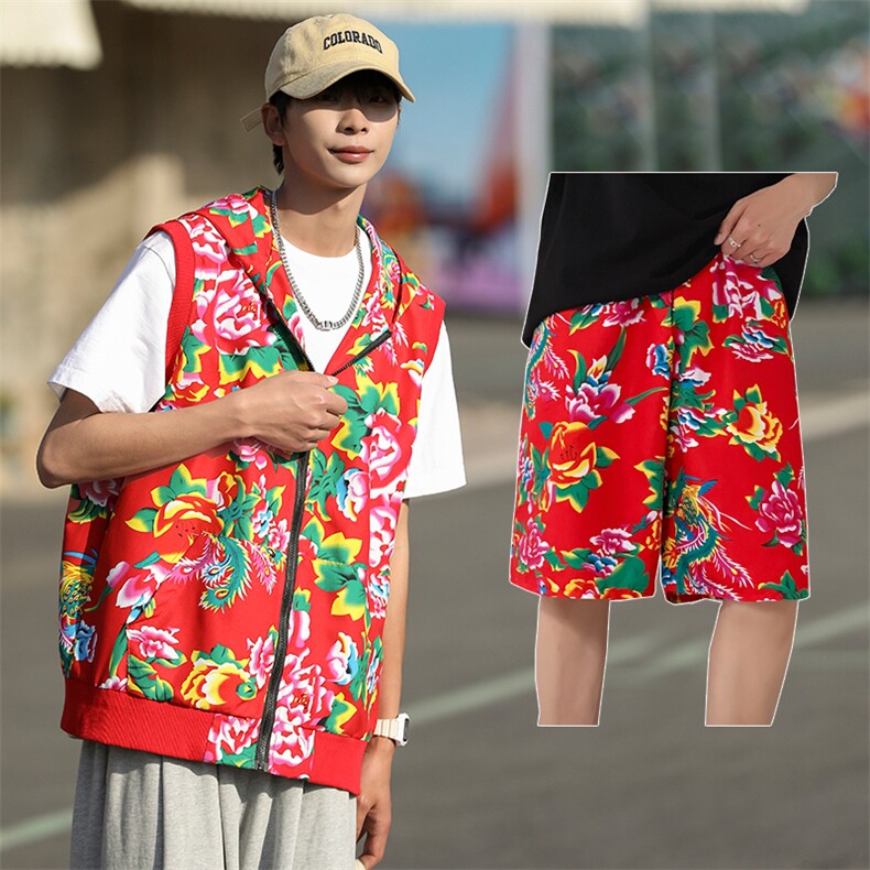 TZ002东北大花休闲连帽马甲坎肩背心男女团队服短裤运动套装汉服，男装休闲套装，星座115A(原星座507）