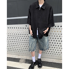 港风夏款男短袖衬衫冰丝褶皱提花拉链宽松五分袖衬衣CS4545P38，男装衬衫，星座1013-1