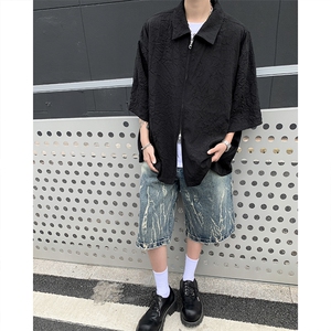 港风夏款男短袖衬衫冰丝褶皱提花拉链宽松五分袖衬衣CS4545 P38图片