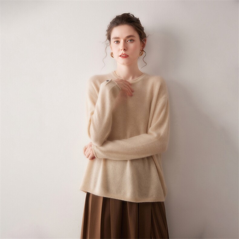 慵懒风卷边圆领山羊绒针织毛衣女宽松长袖针织100%羊绒衫，女装针织衫/毛衣，镁纯羊绒