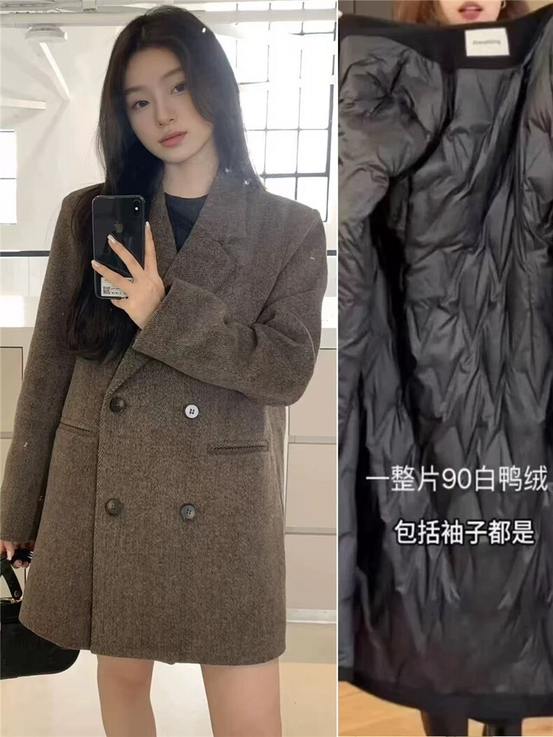 白鸭绒西装毛呢外套内胆羽绒加厚2025新款冬季韩系羊毛呢子大衣，女装毛呢外套，红依娜