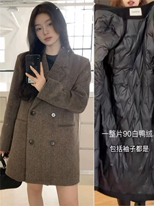 白鸭绒西装毛呢外套内胆羽绒加厚2025新款冬季韩系羊毛呢子大衣，女装毛呢外套，红依娜