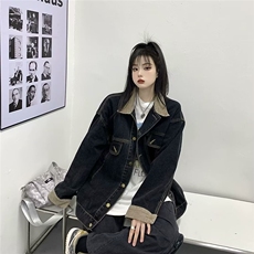 美式复古高街牛仔外套女春秋季潮牌翻领宽松夹克上衣L88688-P75，男装工装外套，星座1008