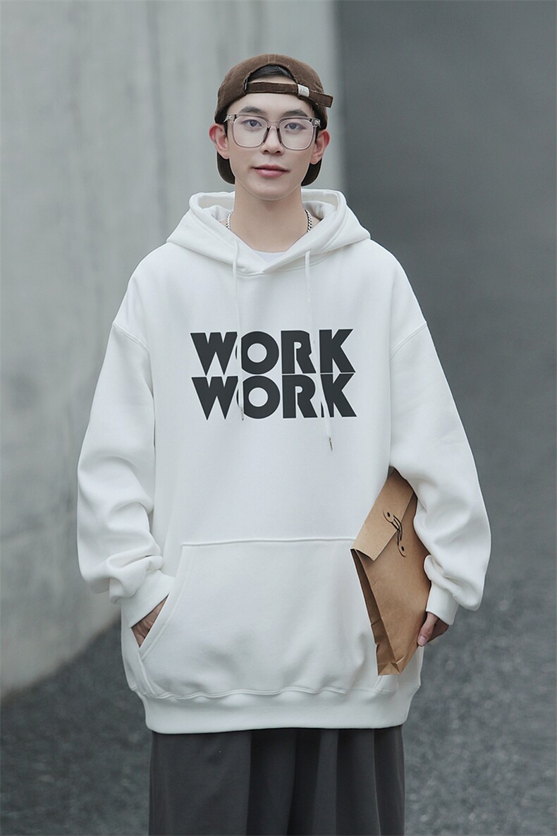 2024新款work印花宽松连帽卫衣Y121常规版P48加绒版P65,男装卫衣,电商B219