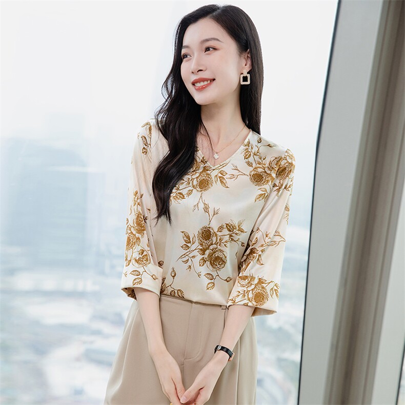 五分袖真丝衬衫女上衣T恤2026春夏装中袖印花中年妈妈真丝小衫t,女装衬衫,阿舍尔精品
